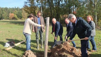 Bild: Hirsch
Die Teilnehmer an der Jubiläumsveranstaltung pflanzten Obstbäume. Das Bild zeigt von links die Verbandsvertreter Manuela Pappenberger und Harald Schlöger sowie Alois Dirrigl, die beiden stellvertretenden Landräte Albert Nickl und Joachim Hanisch und die Schwandorfer Kreisfachberaterin Heidi Schmid.