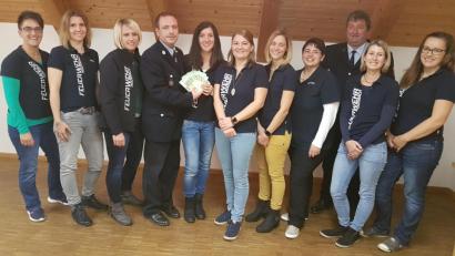 Bild: gi
Das Team der Feuerwehrfrauen mit Monika Rappl überreicht, auch im Namen ihrer Helferinnen, den Erlös von 1000 Euro aus den Kinderbasaren vom Frühling und Herbst an den Kommandanten Markus Landgraf (vorne) und Vorsitzenden Josef Hierold jun. für die Verbesserung des Feuerlöschwesens.