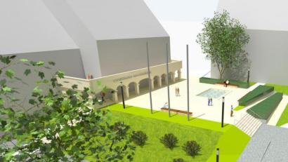 Bild: Landschaftsarchitekten "Stadt-Land-Fanck", Tirschenreuth
Blick von der Mähringer Straße: So soll der künftige Innenhof am Landratsamt Tirschenreuth ausschauen. Durch die Versetzung der Treppe und dem Bau einer Rampe wird der Haupteingang (links, Zugang zu den Sitzungssälen) mehr hervorgehoben.
