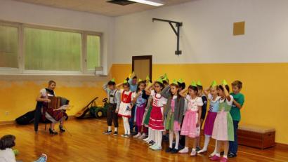 Bild: ds
„Mei Huat, der hat drei Ecken“, singen die Schüler. Auf der Diatonischen begleitet sie Lehrerin Susanne Koch.