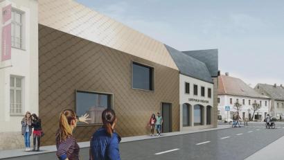 Bild: Büro H2M/exb
So könnte die neue Fassade vom Museumsquartier her Richtung Dammstraße aussehen. Im Fenster der Kupferkessel der Schaubrauerei.