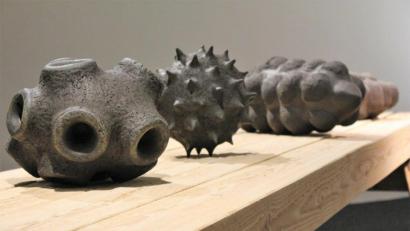 Bild: Dagmar Williamson
Kein Krater oder Waffe des Mittelalters, dennoch zerstörerisch: Mikro-Organismen aus schwarzem Ton gebrannt. Etwa 15 Kilogramm wiegt eine Skulptur.