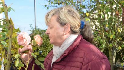 Bild: dob
Christa Gieler schnuppert an ihren letzten Rosenblüten.