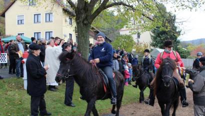 Bild: pko
Ross und Reiter sowie mehrere Gespanne hatten sich auf den Weg nach Sankt Leonhard gemacht. Die Pferdesegnung durch Pfarrer Theo Schmucker war der krönende Abschluss der Wallfahrt.