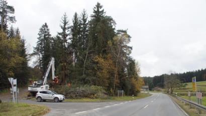 Bild: mmj
Ab der Abzweigung in Richtung Weiding haben am Dienstagnachmittag Bäumfällarbeiten zur Vorbereitung des Staatsstraßenausbaus begonnen.
