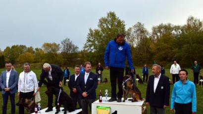 Bild: ads
Hirschaus Bürgermeister Hermann Falk gratuliert Peter Schulz mit Ghost vom AHV Gerolzhofen und Jürgen Braun mit Paul vom NSV Kloster-Pillenreuth (von links) ebenso wie Waldemar Babel mit seinem Rüden Jack von den Hundefreunden Unterzeitlbach (Dritter von rechts) als Sieger der Bayerischen Meisterschaft der Internationalen Fährtenhundeprüfung 1. Edgar Huber (BLV-Leistungsrichter IGP) und Hans-Gunter Platzer (BLV-Obmann für Gebrauchshundesport; Mitte, von links) sowie VorsitzenderJudith Maier vom ausrichtenden Hundesportverein Hirschau und BLV-Vizepräsident Hartmut Preuß (von rechts) schließen sich den Glückwünschen an.