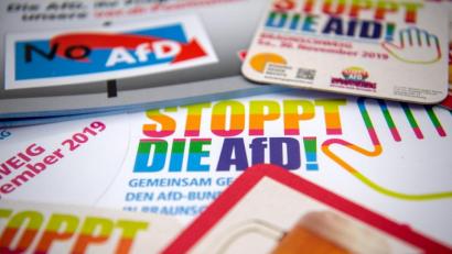 Bild: Sina Schuldt
Symbolbild: Prospekte verschiedener Bündnisse gegen die AfD liegen auf einem Tisch.