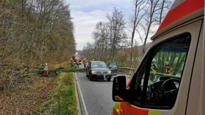 Bild: Alexander Auer
Der Unfall-VW konnte nicht mehr bremsen. Bei der Kollision mit dem umgefallenen Baum wurde das Auto stark beschädigt.