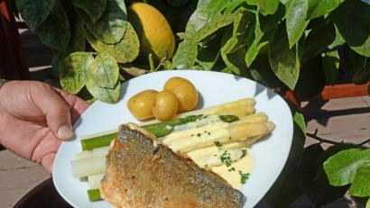 Bild: Gabi Schönberger
Das Doradenfilet wird zuerst auf der Hautseite gebraten, der Spargel mit der Zitronen-Hollandaise überzogen.
