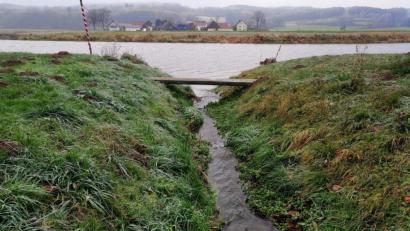 Bild: anv
Im Moment ist er ein kleines Bächlein, der Kurmhofbach. Doch wenn die Naab (Hintergrund) Hochwasser hat, tritt auch er über die Ufer. Auch Haindorf (Hintergrund) wäre von einem Hochwasser betroffen.