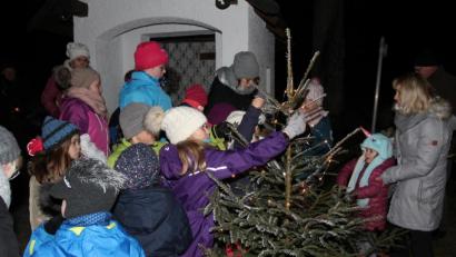 Bild: pi
Mit Vogelfutter schmücken die Kinder den Christbaum.