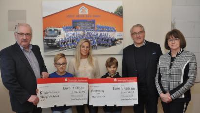 Bild: dob
Herbert Putzer von der Kinderkrebshilfe in der Region Oberpfalz Nord (links) und Vorsitzender Thomas Ebnet (Zweiter von rechts) sowie Marianne Grießl (rechts) vom Verein "Hoffnung für Menschen" durften Spenden für ihre Vereine von Michaela Reger und ihren Söhnen Jonas und Manuel (Mitte) entgegennehmen. Die Firma Reger Bau verzichtet auf Kundenweihnachtsgeschenke und spendet die Summe in Höhe von 3500 Euro lieber für Notleidende und Kranke. Geld, das zu 100 Prozent ankommt.