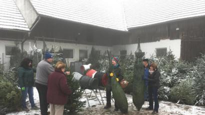 Bild: ihl
Diesig ist es, aber der Nebel hält nicht vom Christbaumkauf ab. Für ein paar Worte mit den Kunden – viele sind Stammkunden – hat Karin Baier immer Zeit.