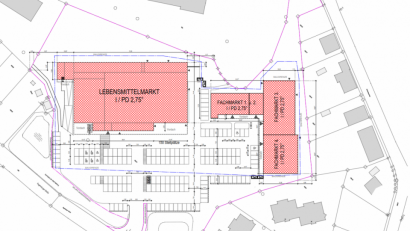 Bild: Ratisbona Handelsimmobilien
So sieht der Lageplan für das Einkaufszentrum im Naabtal mit Zufahrt von der Regensburger Straße aus. In den großen roten Komplex zieht ein Rewe-Markt ein. Für den Fachmarktbau ist Ratisbona mit Interessenten noch in Verhandlungen.