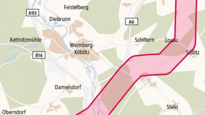 Grafik: Christian Gold
Der Trassenverlauf des Süd-Ost-Links im Norden des Landkreises Schwandorf.