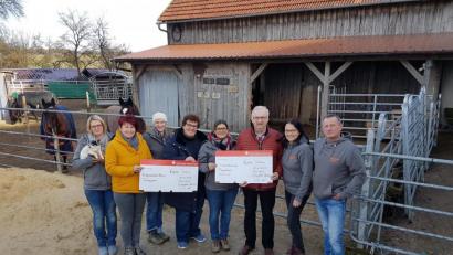 Bild: hzi
Elena Kummert (Mitte) überreicht zusammen mit Familienangehörigen und Freunden je 500 Euro an die Kinderpalliativstation in Amberg, vertreten durch Kinderkrankenschwester Karin Borcher (Vierte von links), und die Kinderkrebshilfe Nordoberpfalz, vertreten durch Vorsitzenden Herbert Putzer (Dritter von rechts).