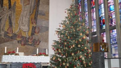 Bild: du
In der Pfarrkirche Maria Königin in Schirmitz steht heuer der bisher größte Christbaum, den die Pfarrei je hatte. Die sechs Meter hohe Tanne ist prächtig geschmückt.