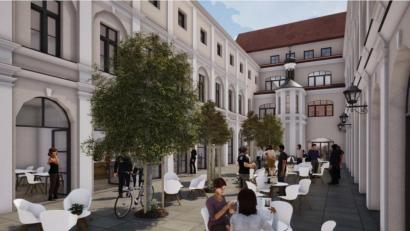 Bild: Bauart GmbH
In den „Drei Höfen“, wie das neue Projekt von Bauart fürs Forum heißt, bleibt natürlich auch der Innenhof erhalten, der sich in dieser Animation mit Gastronomie, Bestuhlung und Begrünung schon mal attraktiv zeigt.