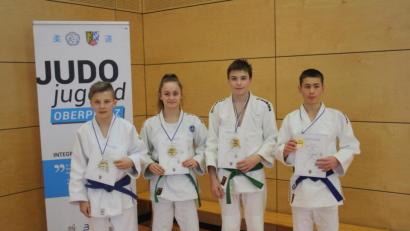 Bild: exb
Die Ensdorfer Luis Pirzer, Emilie Marschall, Andre Fruth und Eduard Bulinger (von links) gewannen bei den Judo-Oberpfalzmeisterschaften in Sulzbach-Rosenberg Gold.