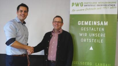Bild: weu
Der Vorsitzende der Parteilosen Wählergruppe der Ortsteile (PWG), Egbert Völkl (rechts), steht mit seiner Gruppe voll hinter dem Bürgermeisterkandidaten Rudolf Teplitzky.