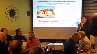 Bild: jma
Bürgermeisterkandidat Ewald Plößner erläutert zusammen mit den Kandidaten für den Marktgemeinderat die Wahlkampfthemen der Christlichen Wählergemeinschaft (CWG).
