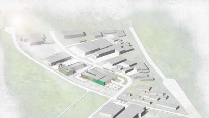 Bild: exb/Stadtwerke Weiden/Knerer &amp; Lang
Blick auf die neuen Anlagen der Stadtwerke (mit farbiger Front) zwischen Alter Neustädter Straße und Georg-Stöckel-Straße.
