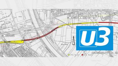 Bild: Max Bögl 
Künftig soll die U-Bahn in Nürnberg bis Gebersdorf führen. Die Abschnitte in rote Farbe werden bergmännisch gebaut, die in gelber Farbe in offener Bauweise.
