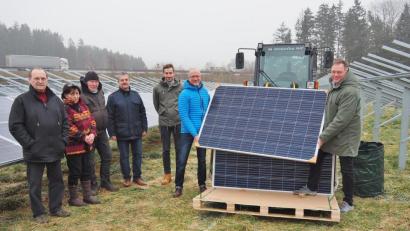 Bild: Bühner
Energieexperte OTH-Professor Magnus Jaeger und BE-ON-Mitvorstand Stephan Korb (links und rechts des Solarmoduls) fassen bei der Errichtung der neuen Photovoltaik-Anlage der BE-ON selbst mit an. Mit dabei (von links) die Grundstückseigentümer Johann und Gertraud Schön, Bauleiter Winfried Spinler, Bürgermeister Andreas Wutzlhofer von der Stadt Vohenstrauß und "ip³"-Prokurist Sven Wilhelm.
