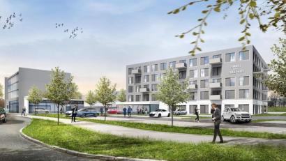 Grafik: exb
Zwei Gebäude sollen bei der Globus-Kreuzung entstehen: Rechts ein Hotel mit insgesamt fünf Etagen, links ein etwas niedrigeres Bürogebäude. Dort wird auch die Schwandorfer Bäckerei Glaab einziehen, die sich um die Frühstücksverpflegung der Hotelgäste kümmern wird.