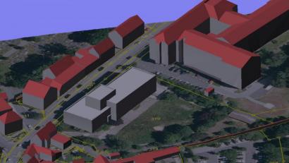 Bild: Landesamt für Digitalisierung, Breitband und Vermessung/exb
Die 3-D-Ansicht vermittelt einen Eindruck, wie das Amtsgebäude in der Egerer Straße aussehen soll. Die Bestandsgebäude sind mit den Daten der Vermessungsverwaltung analog dem BayernAtlas in 3-D erstellt. Das geplante Gebäude wurde mit den vorläufigen Daten konstruiert.