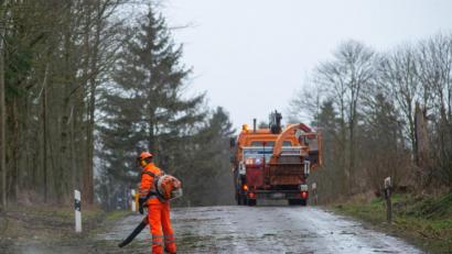Bild: Klaus-Dietmar Gabbert
Ein Arbeiter beseitigt mit einem Gebläse Rinde und Äste von einer Straße. Foto: Klaus-Dietmar Gabbert/dpa-Zentralbild/dpa