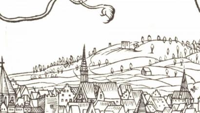 Bild: exb
Ein Ausschnitt aus der Zeichnung von Hans Ludwig Kandlpaldung aus dem Jahr 1583: Auf dem Berg ist der Doppel-Galgen mit zwei Gehenkten zu erkennen (Quelle: „Alte Amberger Ansichten“, Buchhandlung Liereth).