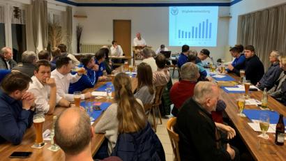 Bild: mez
Mit ihrem zahlreichen Erscheinen bewiesen die Mitglieder des Sportvereins ihr Interesse und ihre Verbundenheit mit ihrem SVI, freute sich erste Vorsitzende Jürgen Lautner (stehend) in der Jahreshauptversammlung im voll besetzten Sportheim.