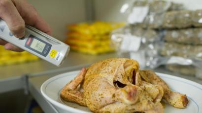 Bild: Uwe Anspach
Ein Lebensmittelkontrolleur überprüft bei einer Betriebskontrolle die Temperatur eines Hähnchens.