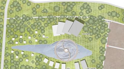 Repro: dp architekten Greßmann Söllner/exb
So soll es aussehen, das Hotelprojekt "Auerplace" mit Hotel und Nebengebäuden für Wellness und Fitness, Chalets, Tiefgarage und Teich mit dem wie es hieß "Core Room", also dem Zentrum des Komplexes.