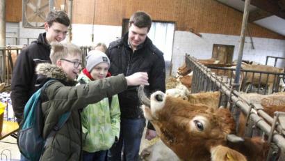 Bild: Hirsch
Die Kinder zeigen keine Berührungsängste und helfen den Junglandwirten Matthias und Christoph Weilhammer (von links) sogar beim Füttern.