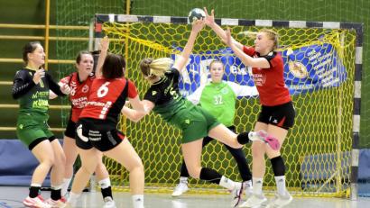 Bild: Hubert Ziegler
Vor der gut haltenden jungen Sulzbacher Torhüterin Neele Zimmermann (Mitte hinten) attackiert die Sulzbacher Rückraumspielerin Lena Zientek (rechts) die ballführende Amelie Müller von der SG DJK Rimpar.