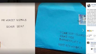Screenshot: www.facebook.com/arif.tasdelen.spd
Die Türkisch-Islamische-Gemeinde Röthenbach an der Pegnitz hat einen Drohbrief bekommen: Inhalt waren eine Patrone und die Notiz "Ihr werdet niemals sicher sein".
