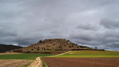 Bild: Karl-Josef Hildenbrand/dpa
Ein Hügel erhebt sich am Rande des Meteoritenkraters Nördlinger Ries.