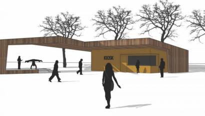 Bild: Planskizze der Architekten Fichtner-Gruber/exb
Bürgermeister Hermann Ach bezeichnete den Plan für die Errichtung des Kiosks im Kurpark einen Diskussions-Entwurf, der vielleicht etwas zu modern aussehe.