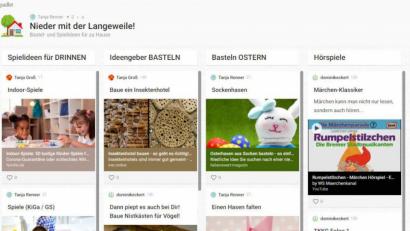 Screenshot: padlet.com/MrsTanjaRenner/JBA
Die "padlet"-Seite "Nieder mit der Langeweile!" bietet Kindern Anregungen, wie sie ihre Zeit zu Hause mit Spiel und Spaß gestalten können.