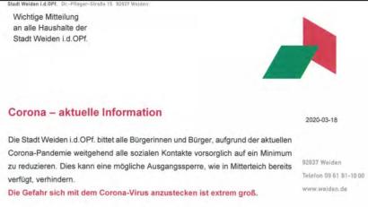 Screenshot: mte
So sieht der Appell der Stadt aus, den die Weidener bald in ihren Briefkästen finden werden. Bürgermeister Jens Meyer warnt darin eindringlich: „Die Gefahr sich mit dem Corona-Virus anzustecken ist extrem groß.“
