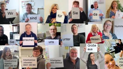 Bildmontage: Stephan-Park/exb
Die Mitarbeiter der Agentur für Arbeit Schwandorf, der Jobcenter in der mittleren Oberpfalz und der Familienkasse am Standort Schwandorf grüßen die Kunden aus Büro und Home Office.