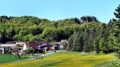 Bild: ds
Ein goldfarbener Blütenteppich breitet sich vor dem Weiler Neutras und dem vom frischen Grün umgebenen Neutrasfelsen aus.