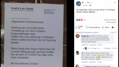 Screenshot: facebook/dianamaier
Eine Fleischerei aus Nürnberg hat mit einem Aushang gegen die Maskenpflicht für Aufsehen gesorgt.