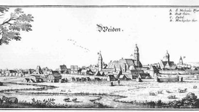 Bild: exb
Der 1644 entstandene Merian-Stich zeigt Weiden in der Zeit des Dreißigjährigen Krieges. Gut erkennbar sind der Turm der Michaelskirche, die Stadtbefestigung und die wohl namensgebenden Weidegründe rings um die Stadt.