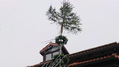 Bild: exb
Franziska und Marvin Seitz zusammen mit den Jungs Marlon und Lennon am Maibaum im Garten der Familie.