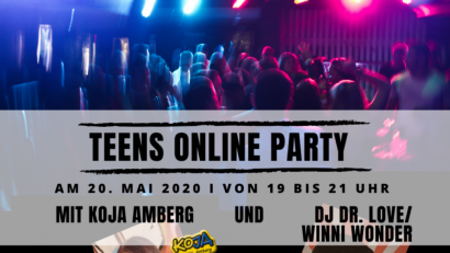 Grafik: Kommunale Jugendarbeit Stadt Amberg
Zur Teens-Online-Party laden die Kommunale Jugendarbeit in Amberg und DJ Dr. Love ein. Musikwünsche der Jugendlichen sind ausdrücklich erwünscht.