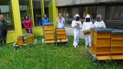 Bild: Dobmeier
Das eingezäunte Areal der Schulimkerei auf der Südseite der Sophie-Scholl-Realschule beherbergt sechs Bienenvölker. Das begutachten (von rechts) die drei Schülersprecherinnen sowie Lehrkraft und Imkerin Karin Hoffmann, Biologielehrerin Margit Riedl, Schulleiterin Susanne Genser und Konrektor Georg Hammer. Bild: Dobmeier