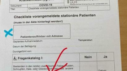 Bild: facebook.de/onetz
Dieser Fragenkatalog des Bundeswehrkrankenhauses Ulm kursiert auf Facebook. Eine Nutzerin postete ihn vor einigen Tagen auf der Onetz-Seite. Er ist mittlerweile aber schon veraltet, wie Oberfeldärztin Sabine Wenninger von der Hygieneabteilung sagt.
